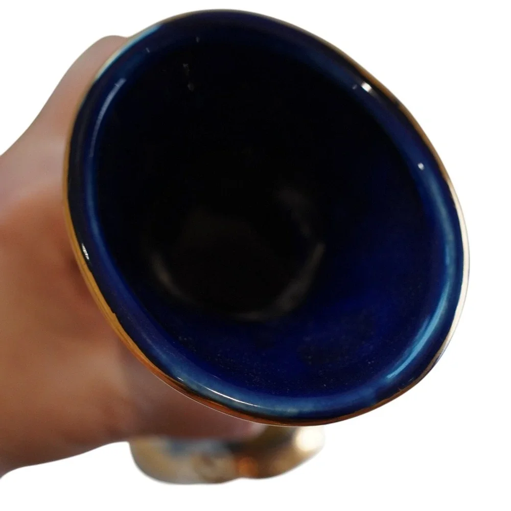 Vintage Regal China Pitcher Vase Cobalt Blue Gold Trim Handcrafted Decor 1966